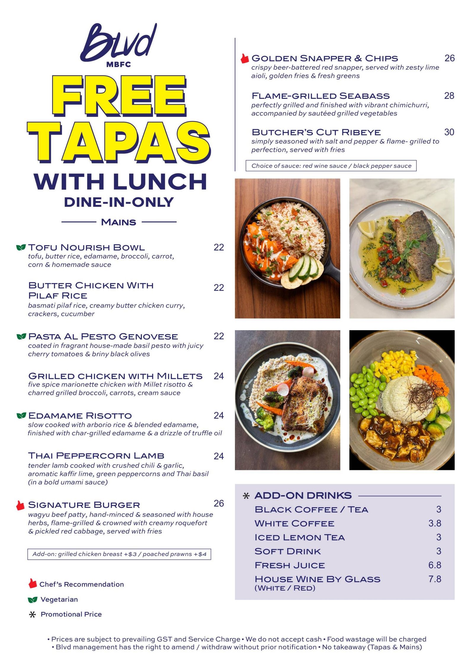 Menu cover-style page: large 'FREE TAPAS' headline on the left, with a dish list and two food photos on the right.