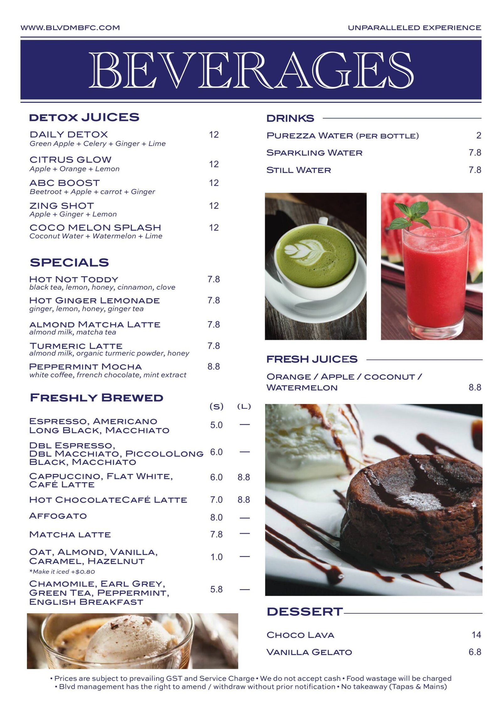 Menu page showing BEVERAGES with juice and drink sections; includes photos of green matcha latte and a red fruit juice.
